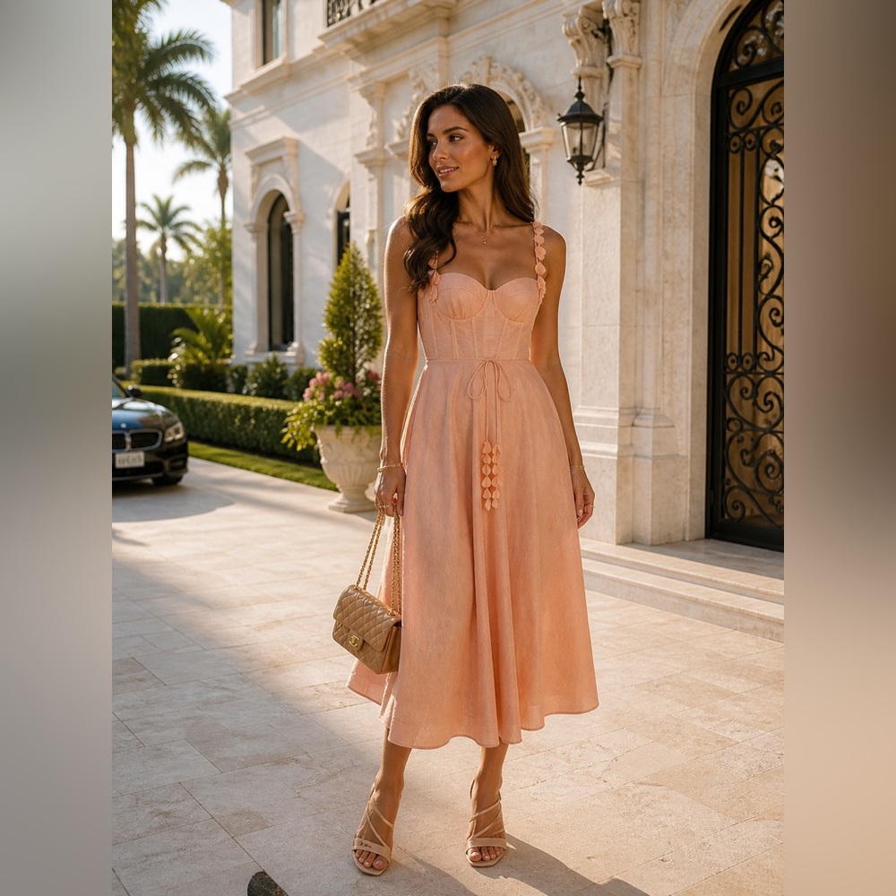 Zimmermann corset applique Peach Midi Dress AU 3 large